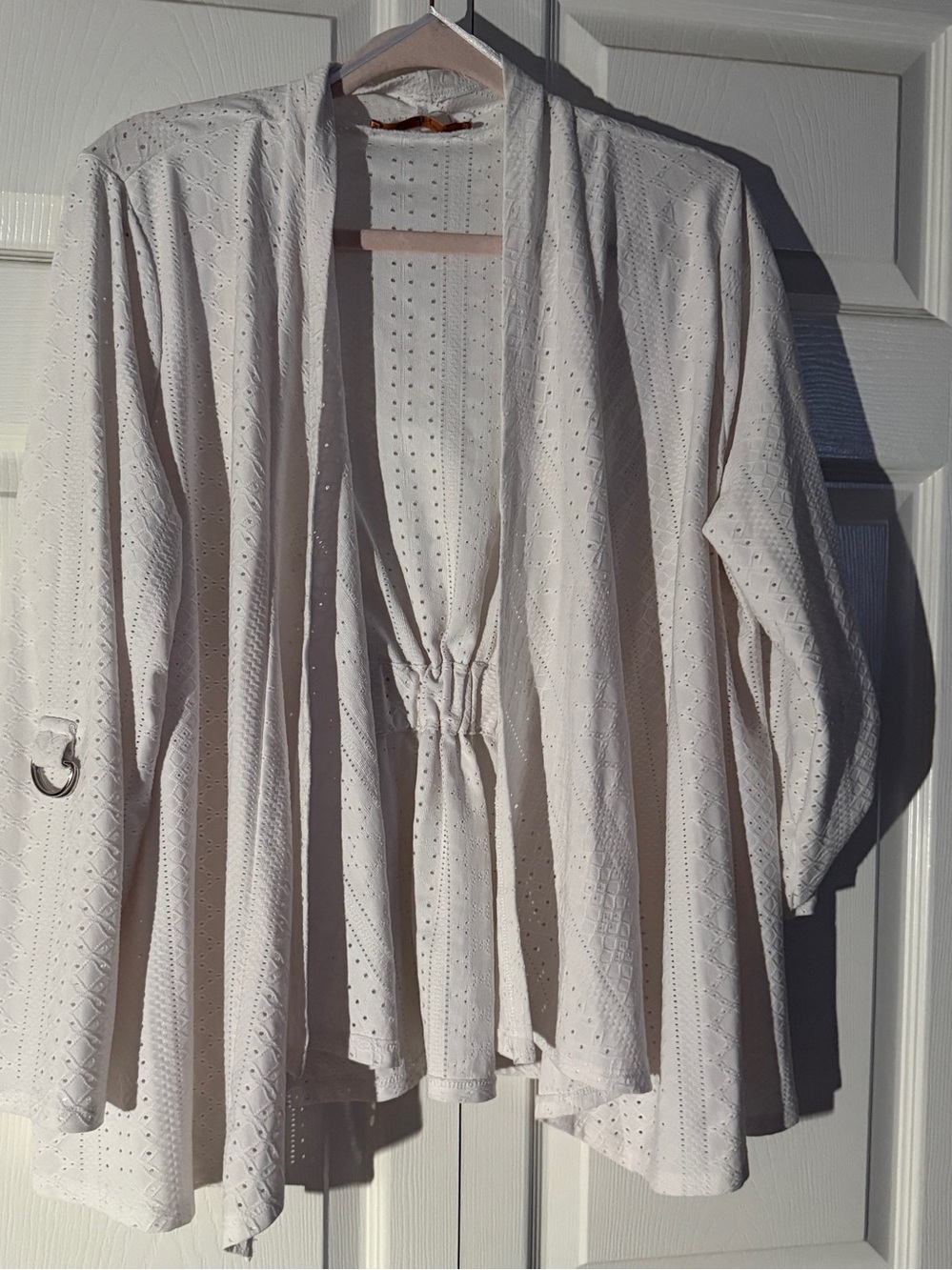 Lightweight Eyelet Open Front Cardigan Jacket - White